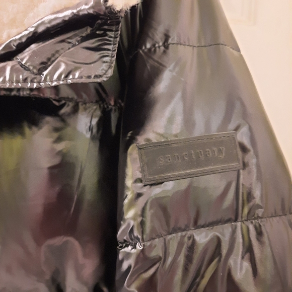 SANCTUARY Down Shearling Puffer High Shine Black Jacket Coat Sherpa Feather M - Picture 8 of 10